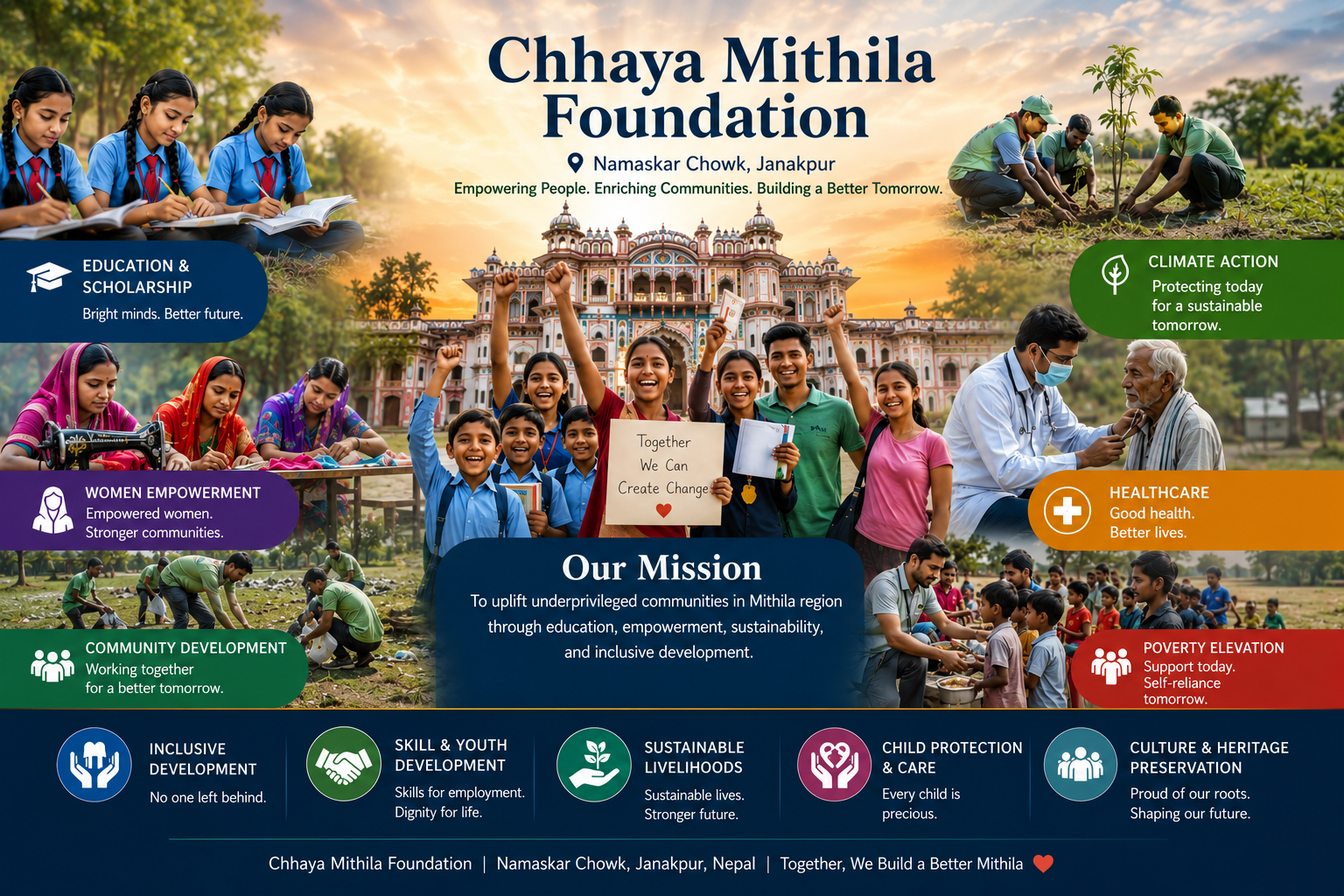 Chhaya Mithila Foundation, Namaskar Chowk, Janakpur — a collage of the foundation's work: schoolgirls studying, women at sewing machines, tree planting, healthcare check-ups, community clean-ups and food distribution, with program areas including Education & Scholarship, Climate Action, Women Empowerment, Healthcare, Community Development, Poverty Alleviation, Inclusive Development, Skill & Youth Development, Sustainable Livelihoods, Child Protection & Care, and Culture & Heritage Preservation.